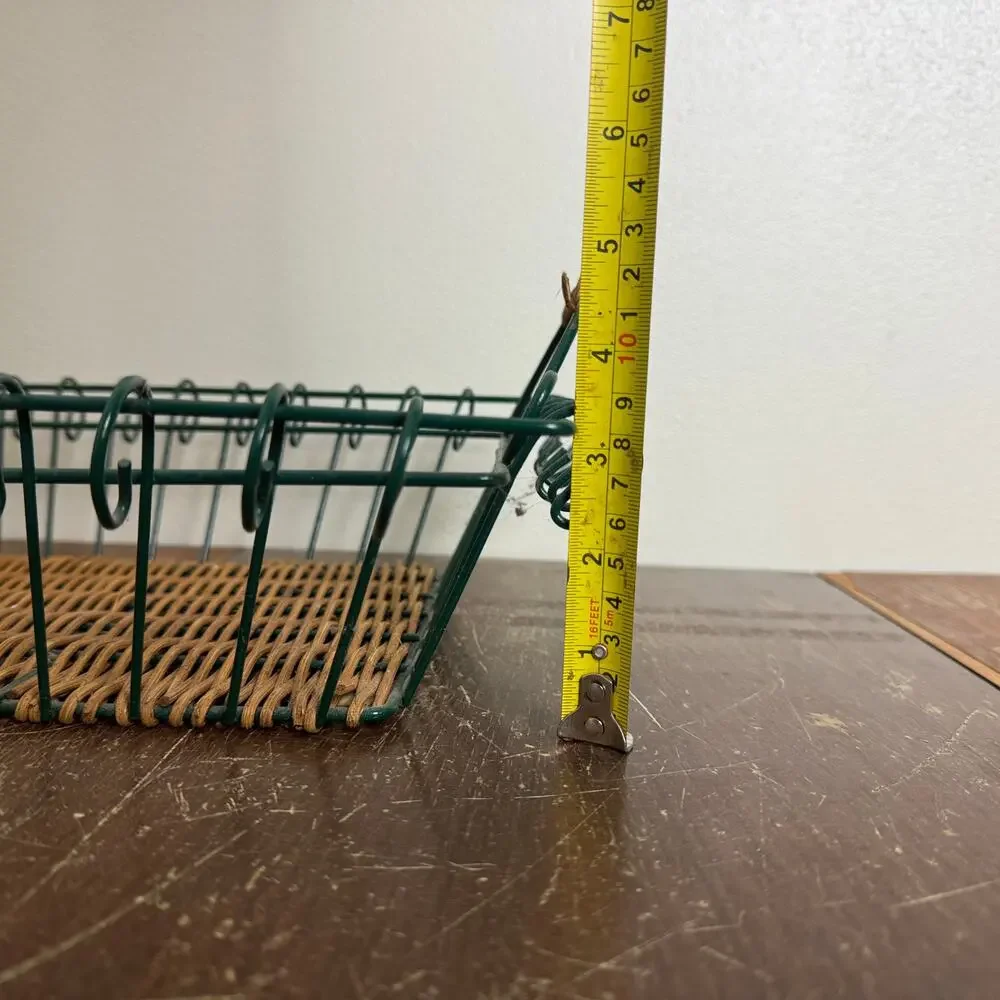 Vintage‎ Green Wire Basket with Woven Rattan Bottom and Handles 14.5x10.5